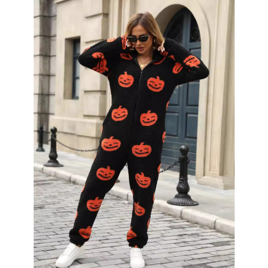 Fuzzy Pumpkin Half Zip Hooded Jumpsuit Apparel and Accessories