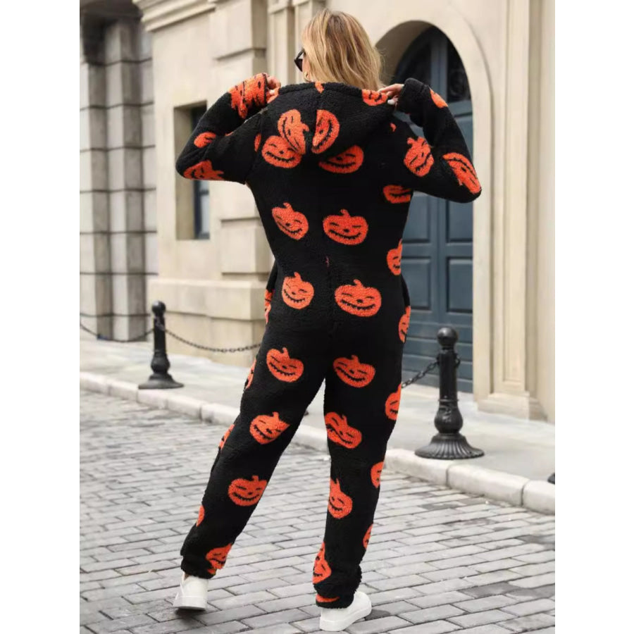 Fuzzy Pumpkin Half Zip Hooded Jumpsuit Apparel and Accessories