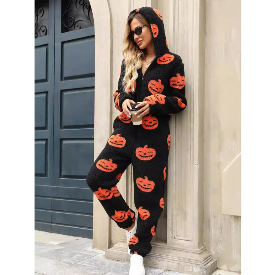 Fuzzy Pumpkin Half Zip Hooded Jumpsuit Apparel and Accessories