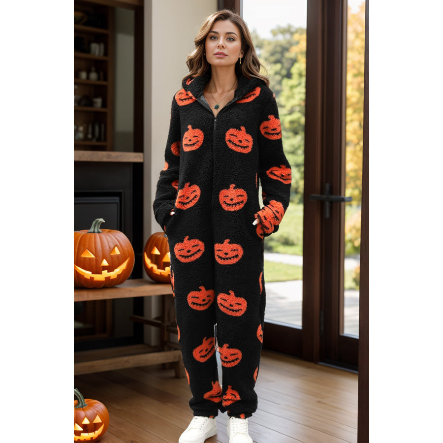 Fuzzy Pumpkin Half Zip Hooded Jumpsuit Black / S Apparel and Accessories