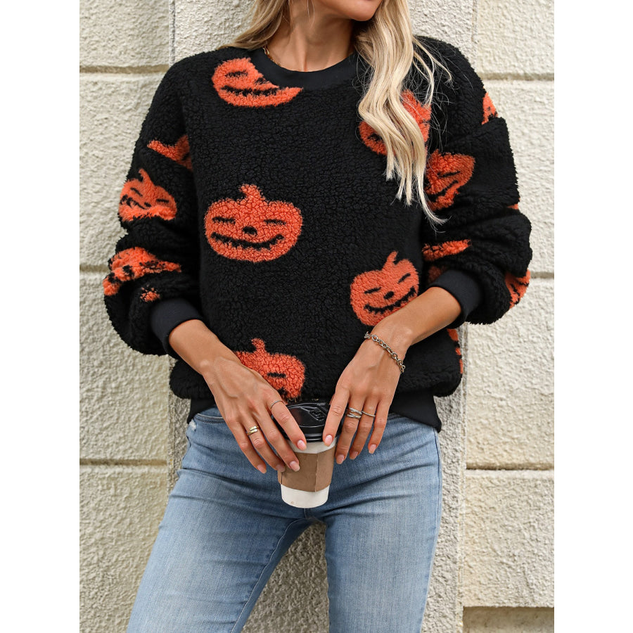 Fuzzy Pumpkin Round Neck Dropped Shoulder Sweater Apparel and Accessories