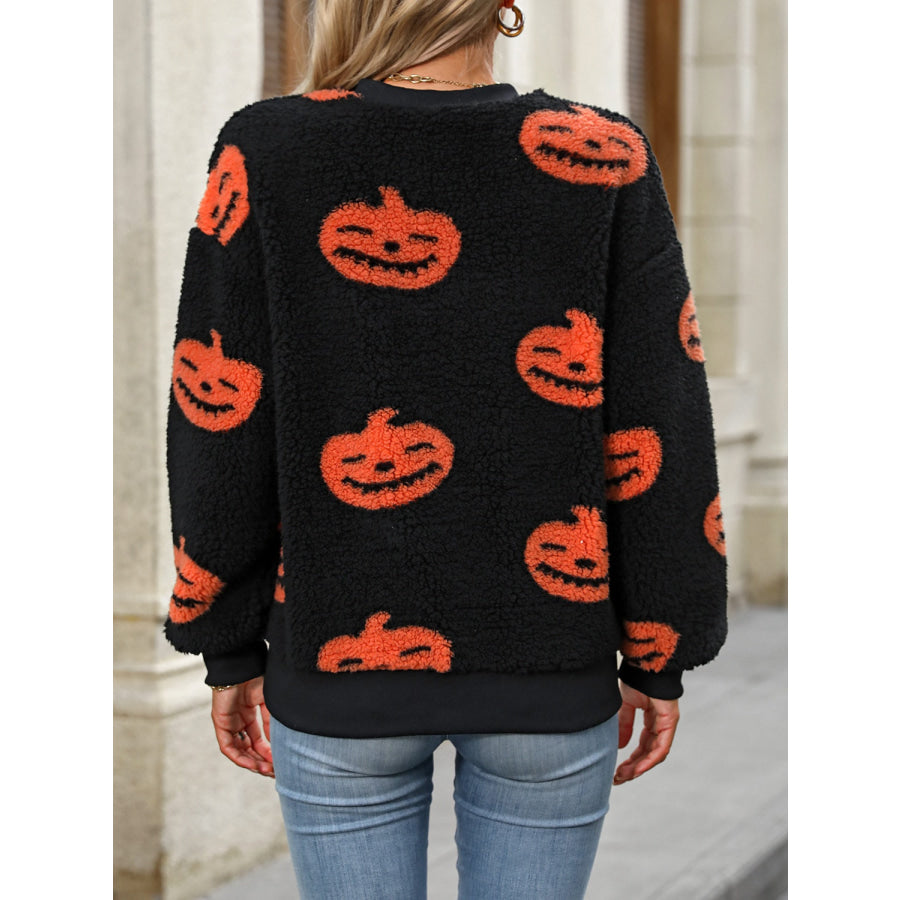 Fuzzy Pumpkin Round Neck Dropped Shoulder Sweater Apparel and Accessories