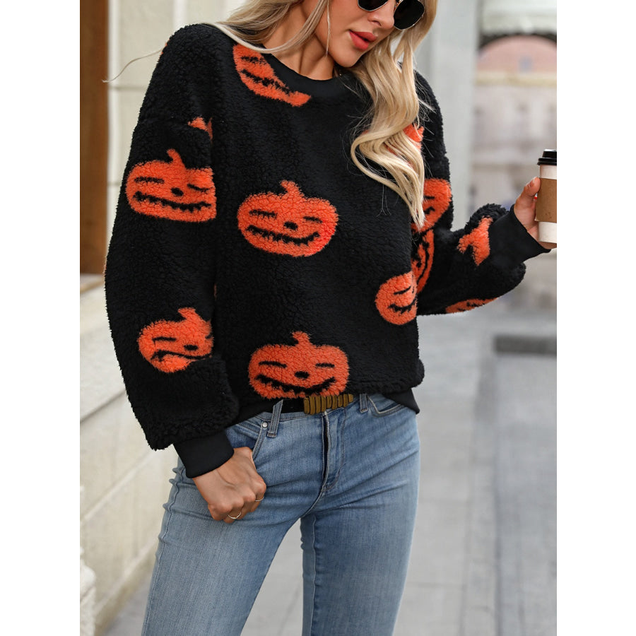 Fuzzy Pumpkin Round Neck Dropped Shoulder Sweater Apparel and Accessories