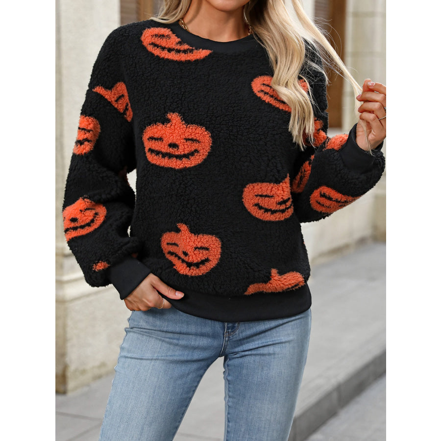 Fuzzy Pumpkin Round Neck Dropped Shoulder Sweater Orange / S Apparel and Accessories