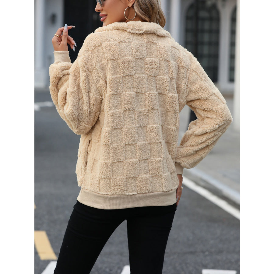 Fuzzy Quarter Zip Long Sleeve Sweatshirt Tan / S Apparel and Accessories