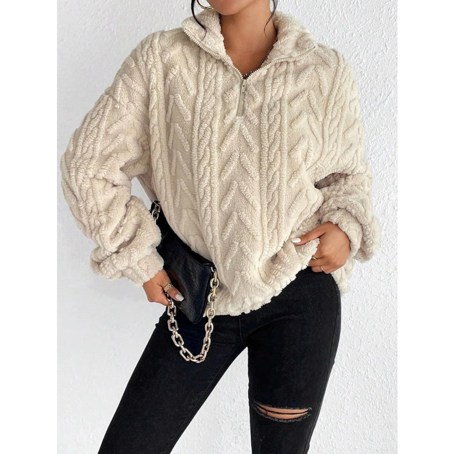 Fuzzy Quarter Zip Long Sleeve Sweatshirt Apparel and Accessories