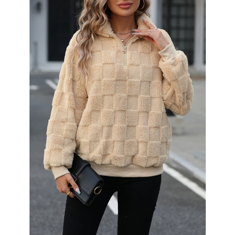 Fuzzy Quarter Zip Long Sleeve Sweatshirt Tan / S Apparel and Accessories