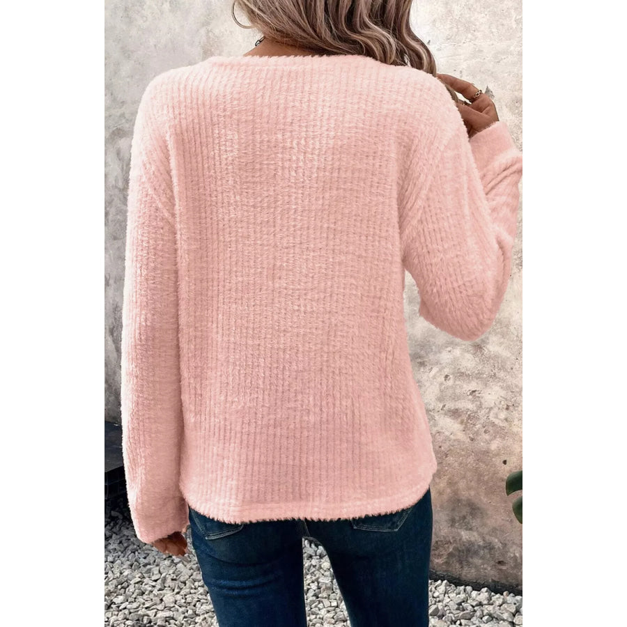 Fuzzy Ribbed Texture Round Neck Long Sleeve Top Apparel and Accessories