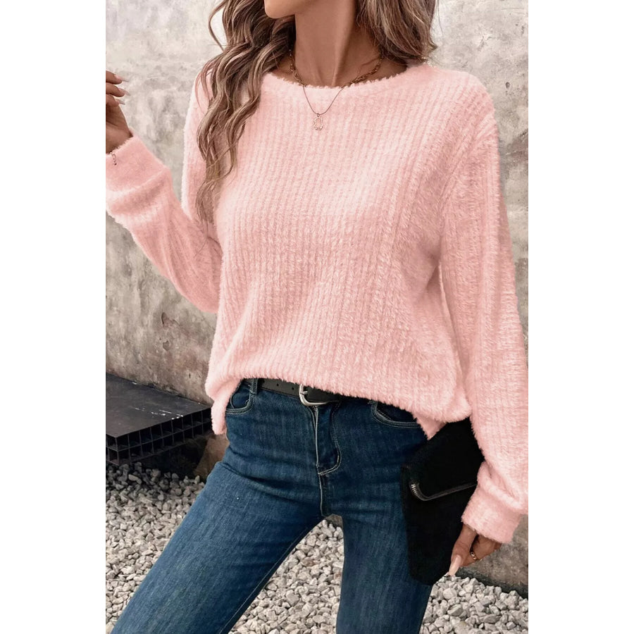 Fuzzy Ribbed Texture Round Neck Long Sleeve Top Apparel and Accessories