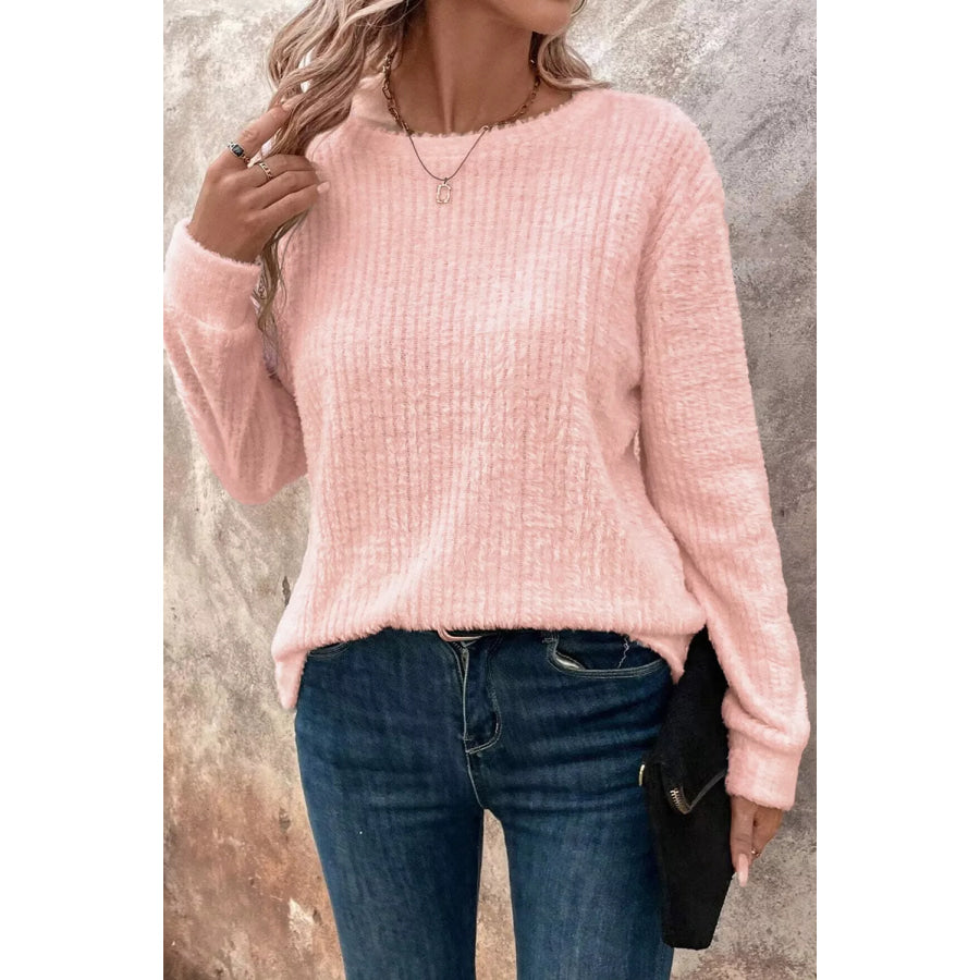 Fuzzy Ribbed Texture Round Neck Long Sleeve Top Apparel and Accessories