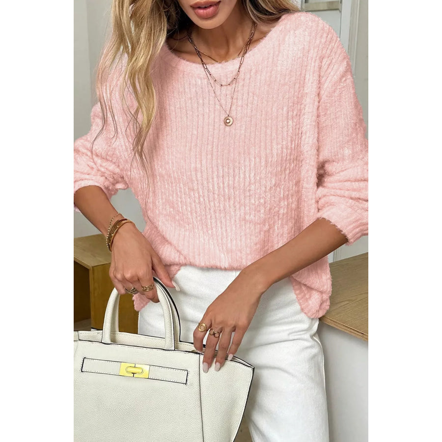 Fuzzy Ribbed Texture Round Neck Long Sleeve Top Apparel and Accessories