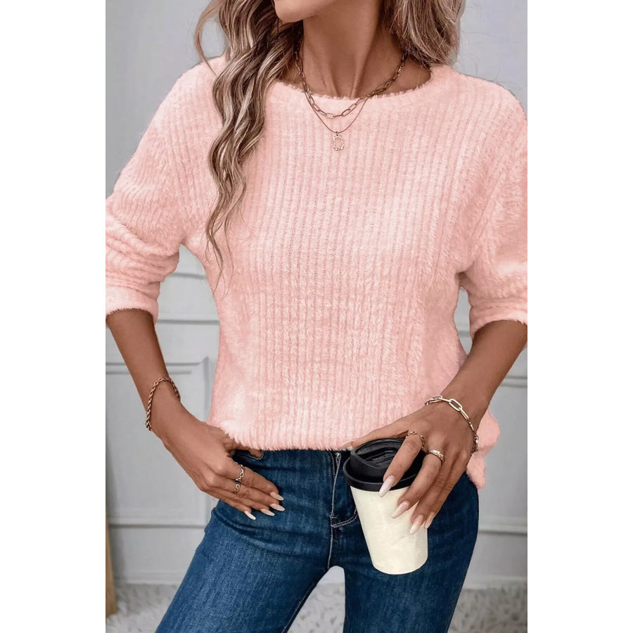 Fuzzy Ribbed Texture Round Neck Long Sleeve Top Watermelon pink / S Apparel and Accessories