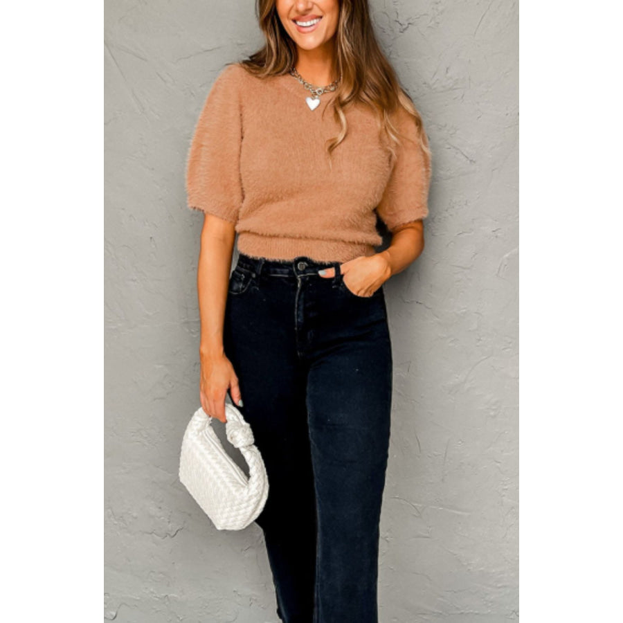 Fuzzy Round Neck Half Sleeve Sweater Apparel and Accessories