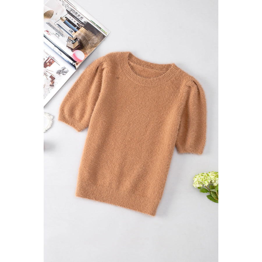Fuzzy Round Neck Half Sleeve Sweater Apparel and Accessories
