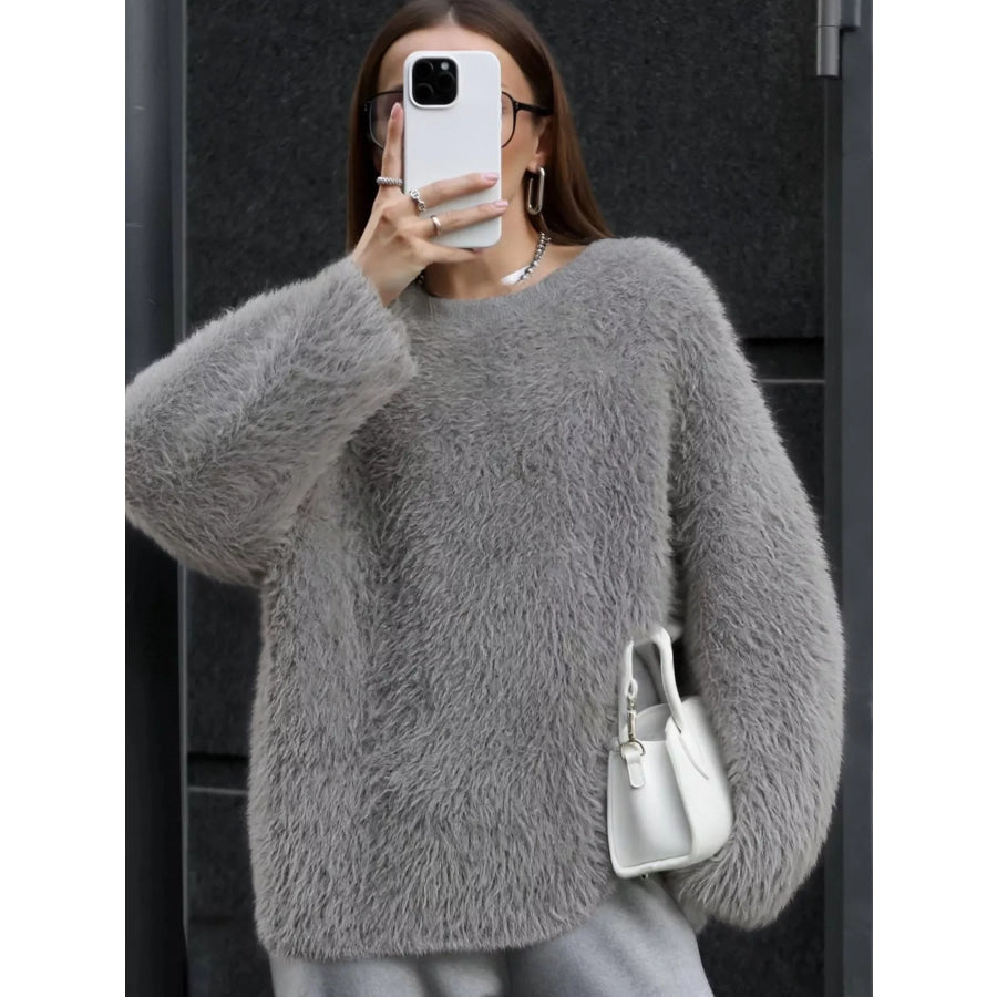 Fuzzy Round Neck Long Sleeve Sweater Light Gray / S Apparel and Accessories