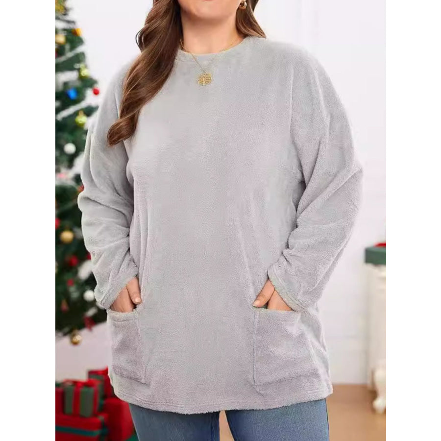 Fuzzy Round Neck Long Sleeve Top Light Gray / M Apparel and Accessories