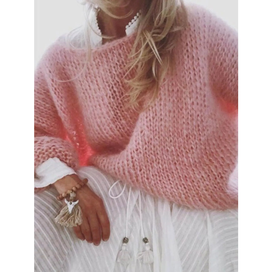 Fuzzy Round Neck Sweater Pink / S Apparel and Accessories