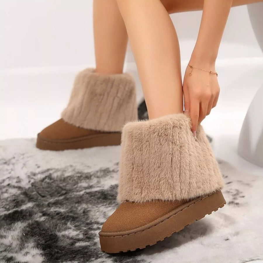 Fuzzy Round Toe Platform Boots Camel / 36 Apparel and Accessories