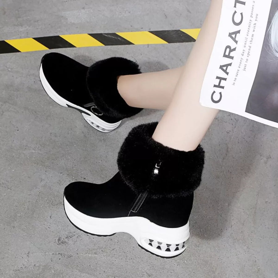 Fuzzy Side Zipper Platform Ankle Boots Black / 35 Apparel and Accessories