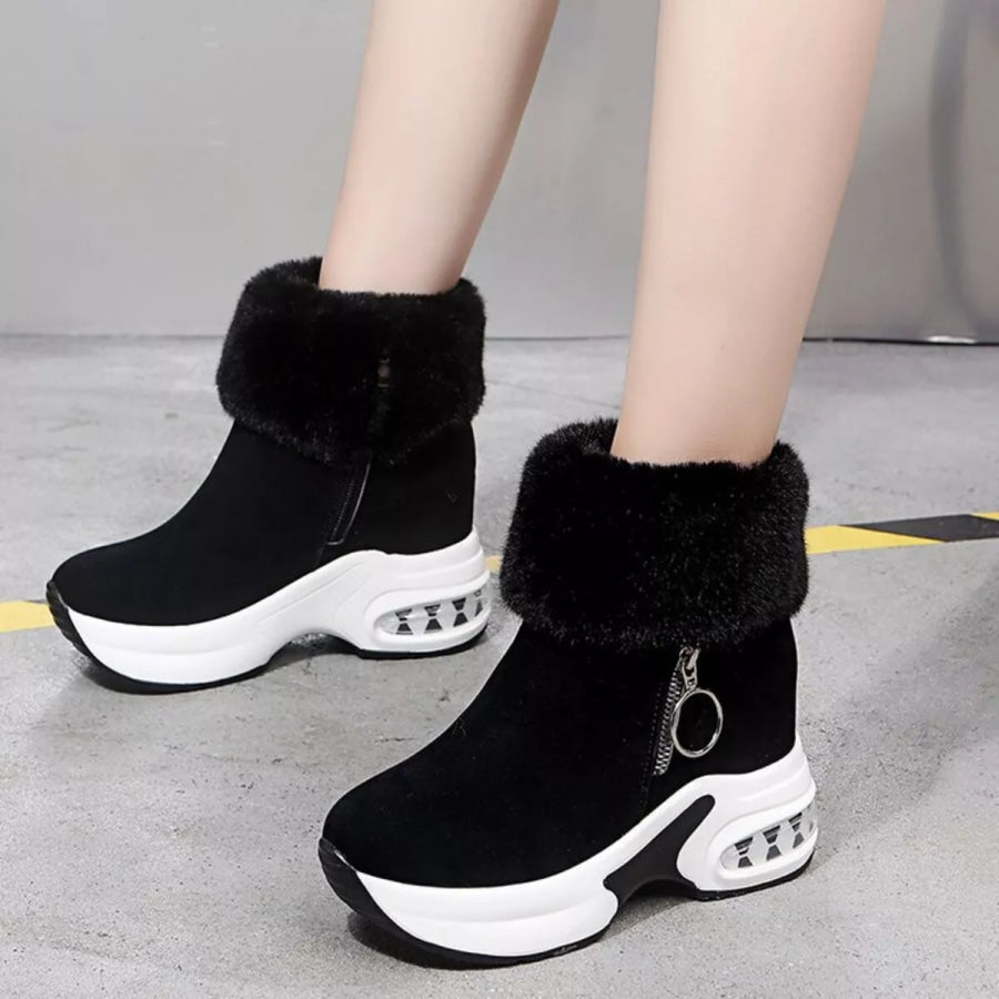 Fuzzy Side Zipper Platform Ankle Boots Black / 35 Apparel and Accessories