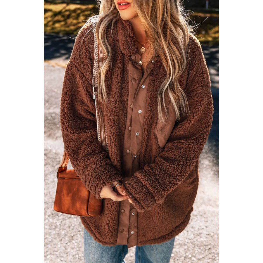 Fuzzy Snap Down Dropped Shoulder Jacket Apparel and Accessories