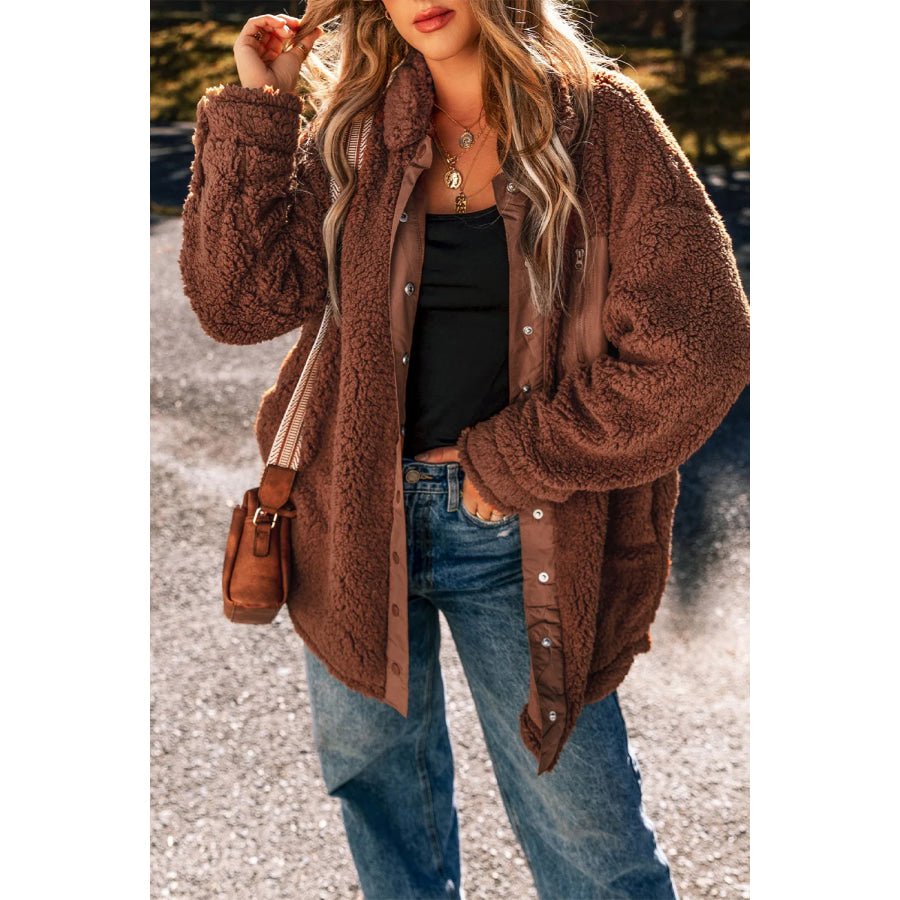 Fuzzy Snap Down Dropped Shoulder Jacket Apparel and Accessories