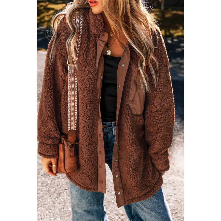 Fuzzy Snap Down Dropped Shoulder Jacket Brown / S Apparel and Accessories