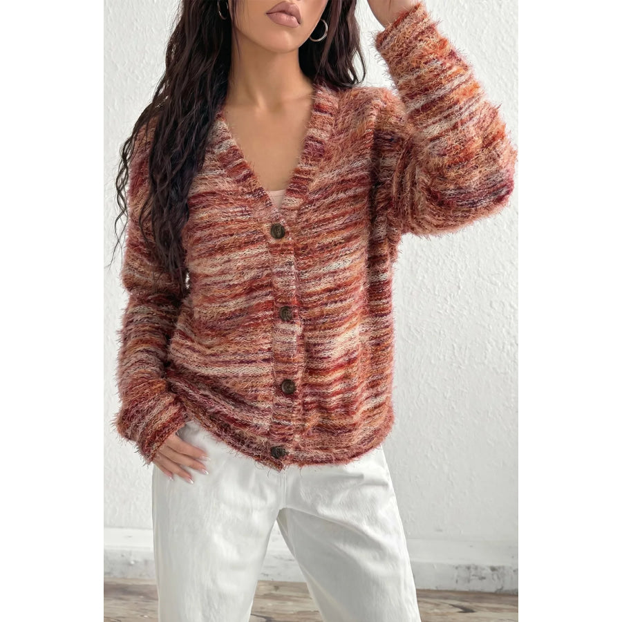 Fuzzy Striped Button Front Cardigan Sweater Apparel and Accessories