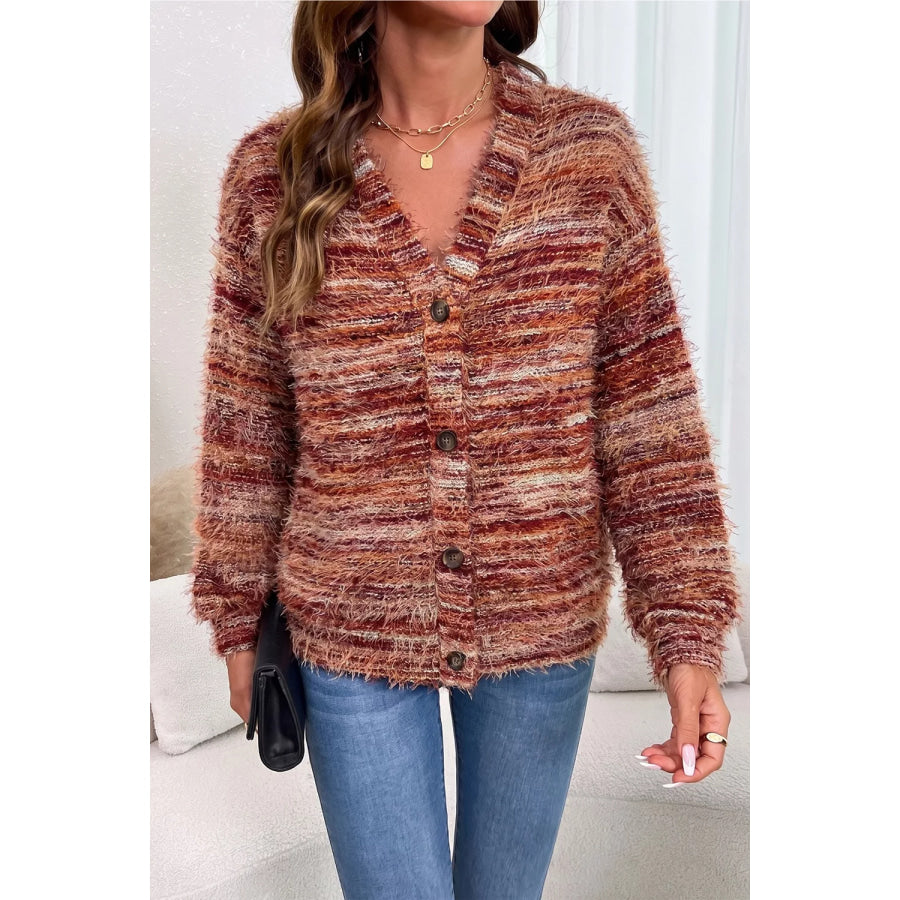 Fuzzy Striped Button Front Cardigan Sweater Apparel and Accessories
