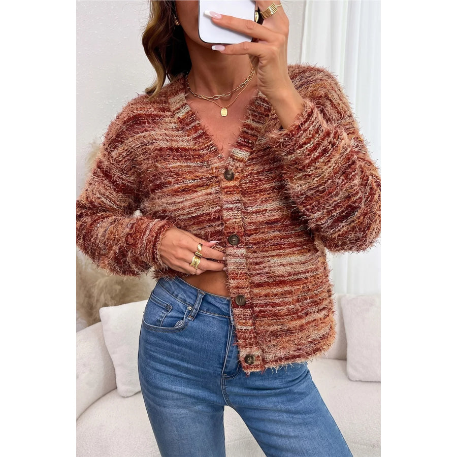 Fuzzy Striped Button Front Cardigan Sweater Apparel and Accessories