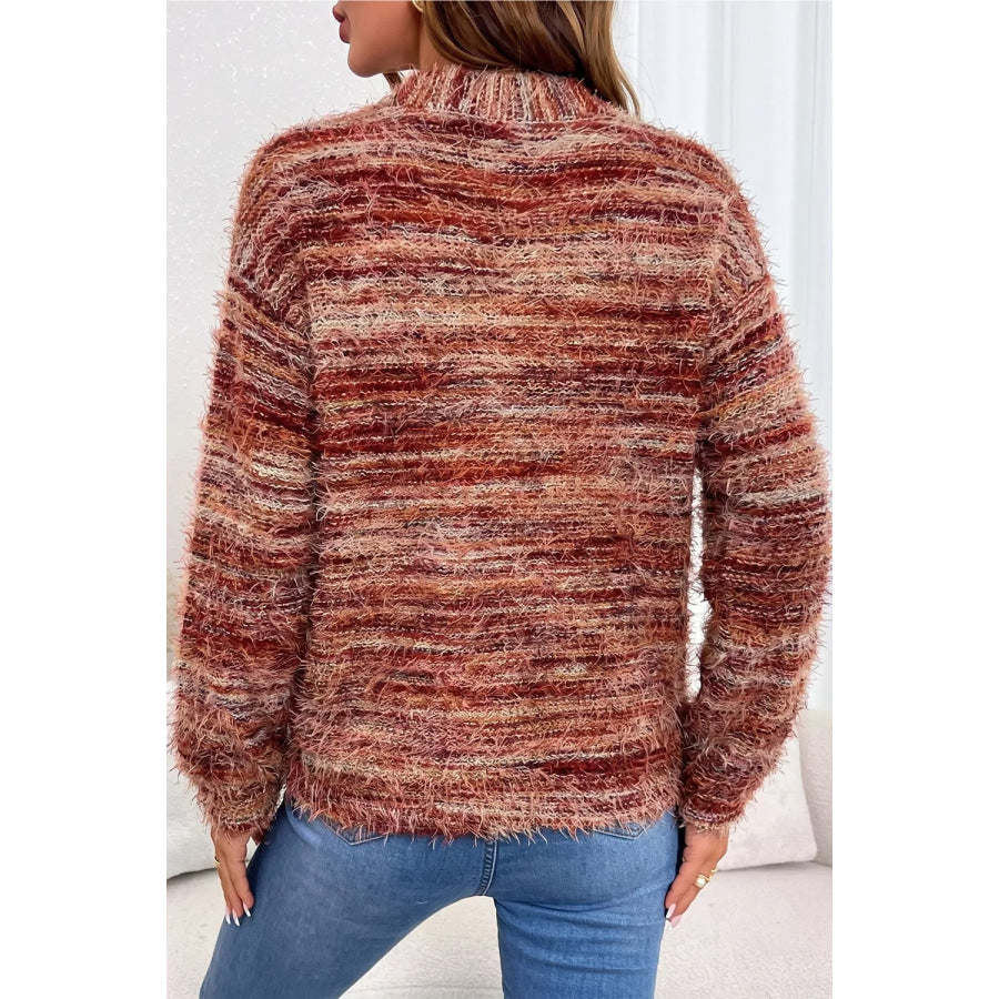 Fuzzy Striped Button Front Cardigan Sweater Apparel and Accessories