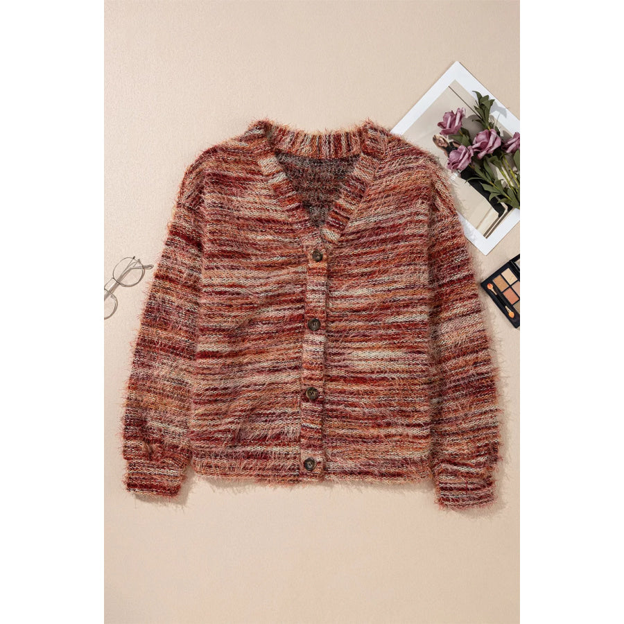 Fuzzy Striped Button Front Cardigan Sweater Apparel and Accessories