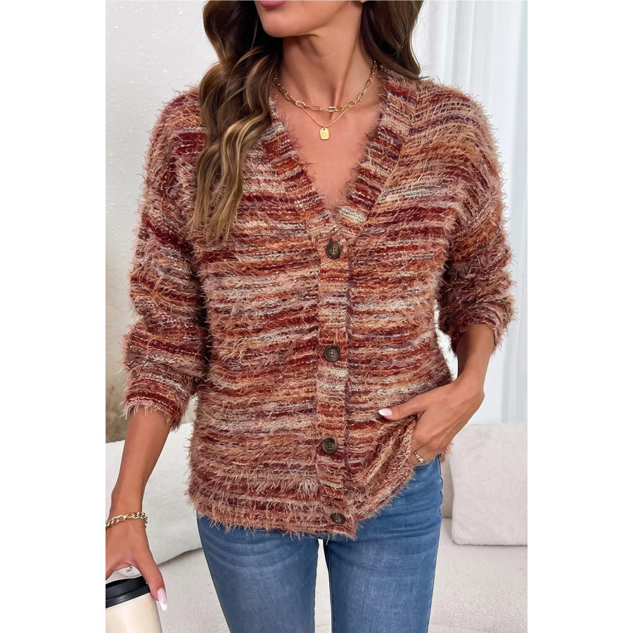 Fuzzy Striped Button Front Cardigan Sweater Apparel and Accessories
