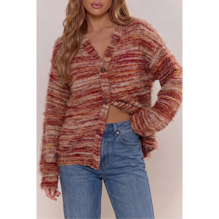 Fuzzy Striped Button Front Cardigan Sweater Rust / S Apparel and Accessories