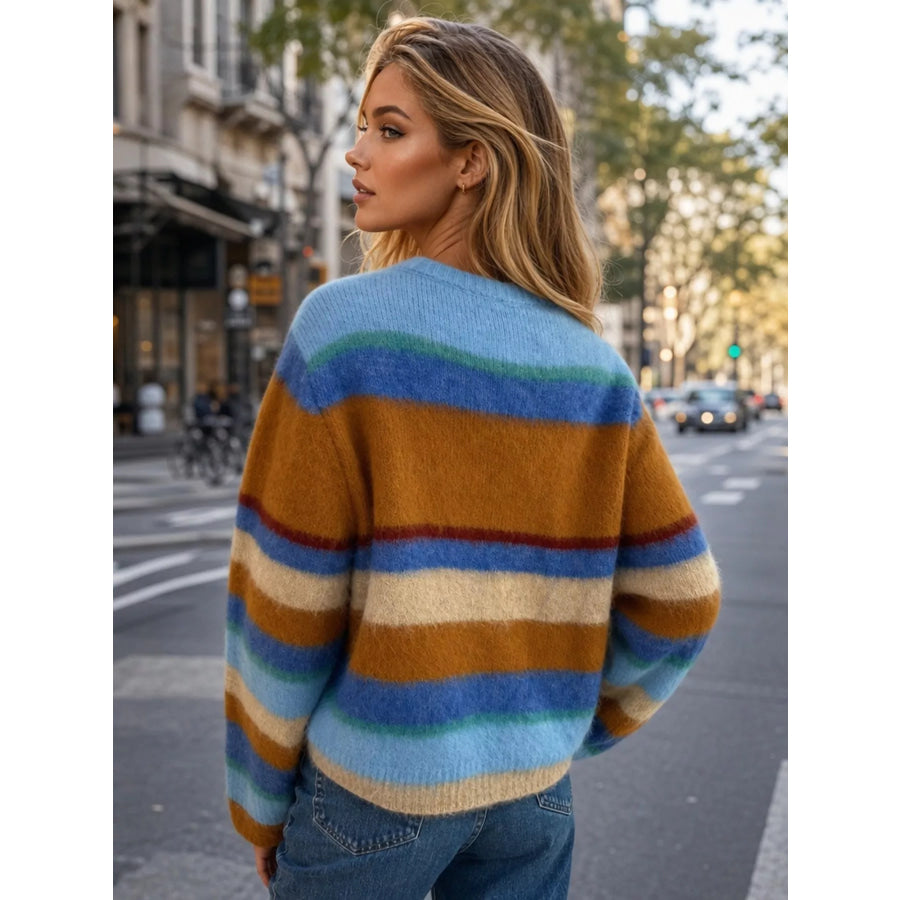 Fuzzy Striped Crew Neck Sweater Blue / One Size Apparel and Accessories