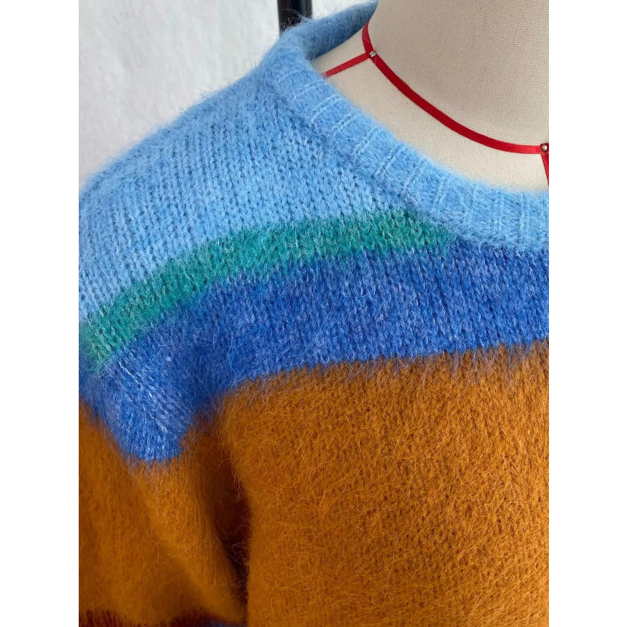 Fuzzy Striped Crew Neck Sweater Blue / One Size Apparel and Accessories