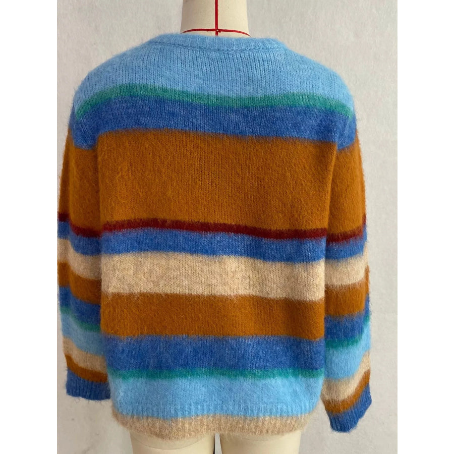 Fuzzy Striped Crew Neck Sweater Blue / One Size Apparel and Accessories
