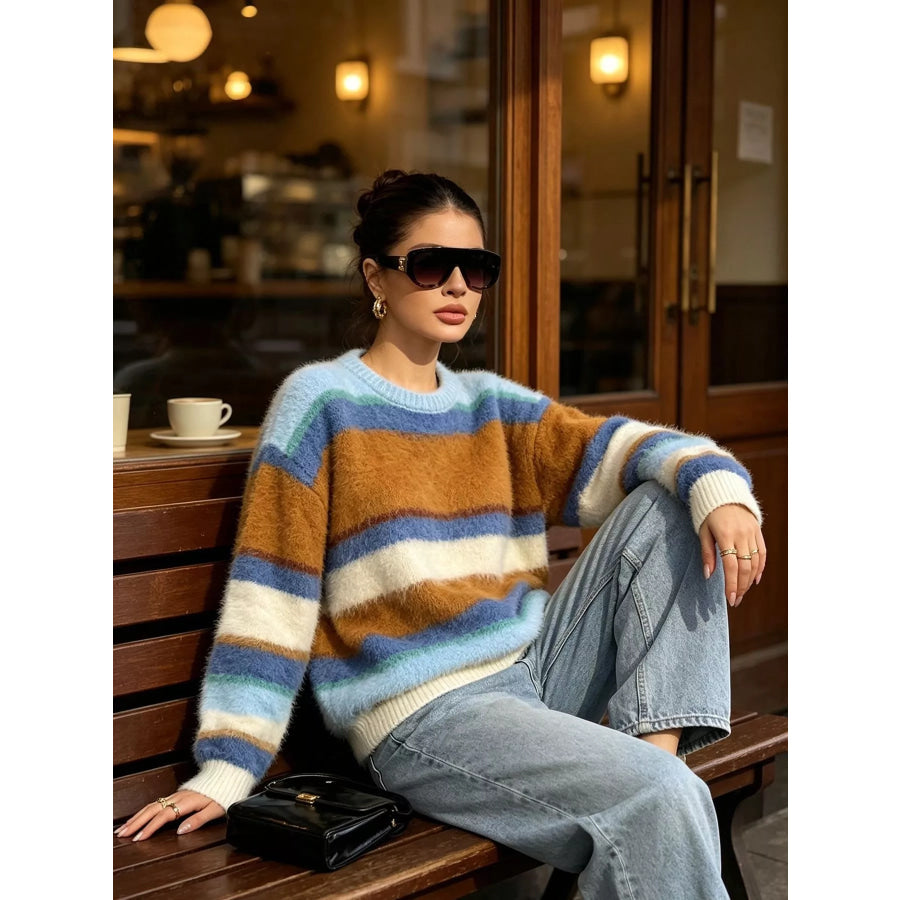 Fuzzy Striped Crew Neck Sweater Blue / One Size Apparel and Accessories