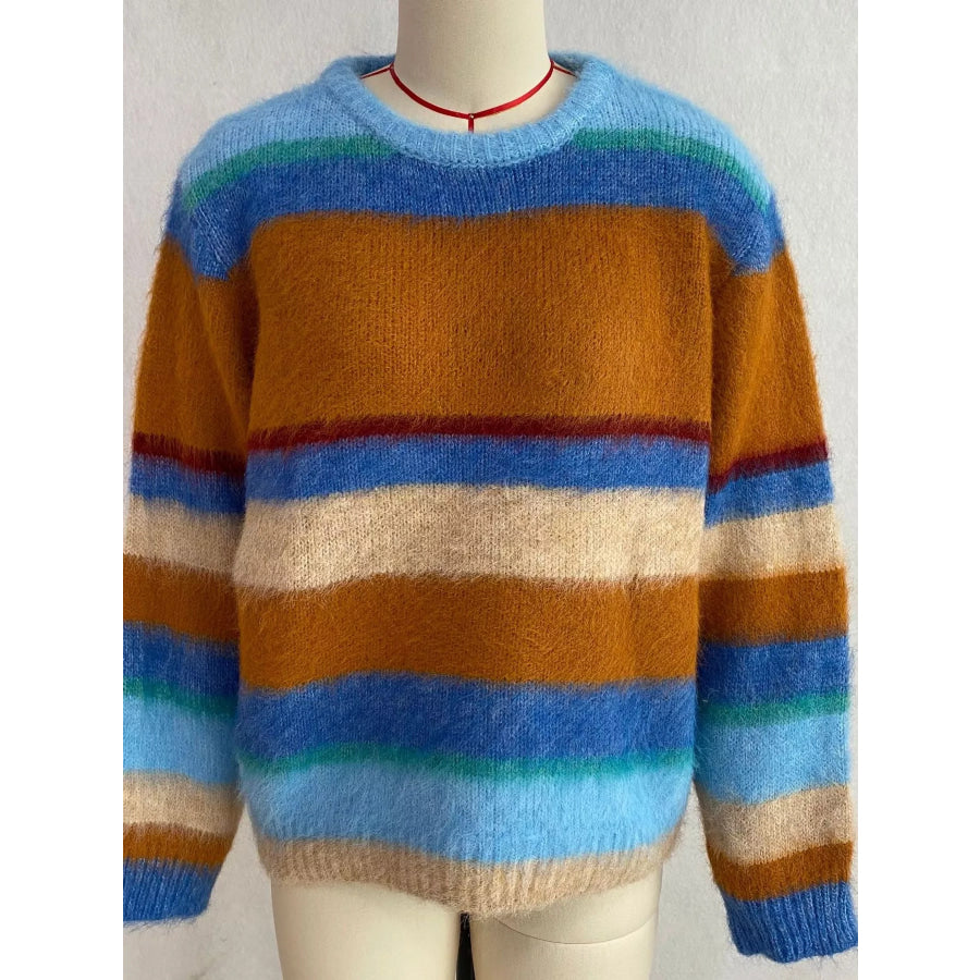 Fuzzy Striped Crew Neck Sweater Blue / One Size Apparel and Accessories