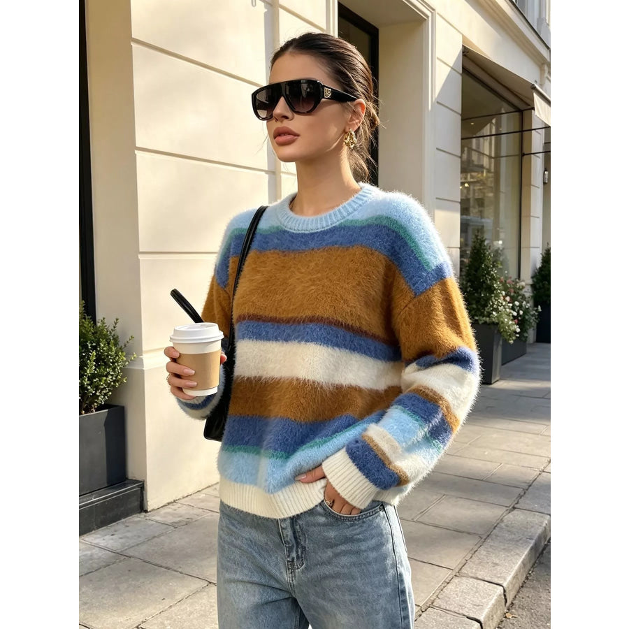 Fuzzy Striped Crew Neck Sweater Blue / One Size Apparel and Accessories