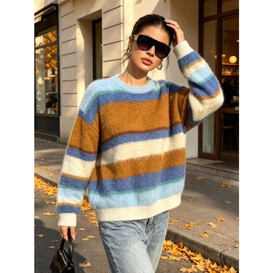 Fuzzy Striped Crew Neck Sweater Blue / One Size Apparel and Accessories