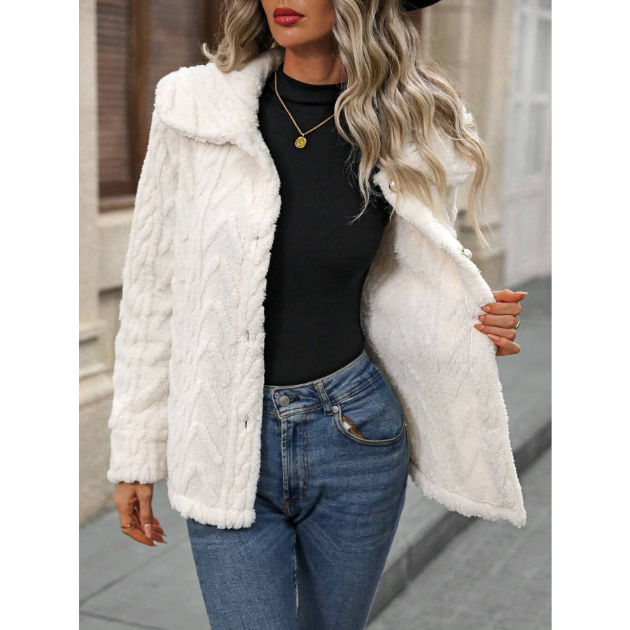 Fuzzy Texture Button Up Collared Neck Coat Apparel and Accessories