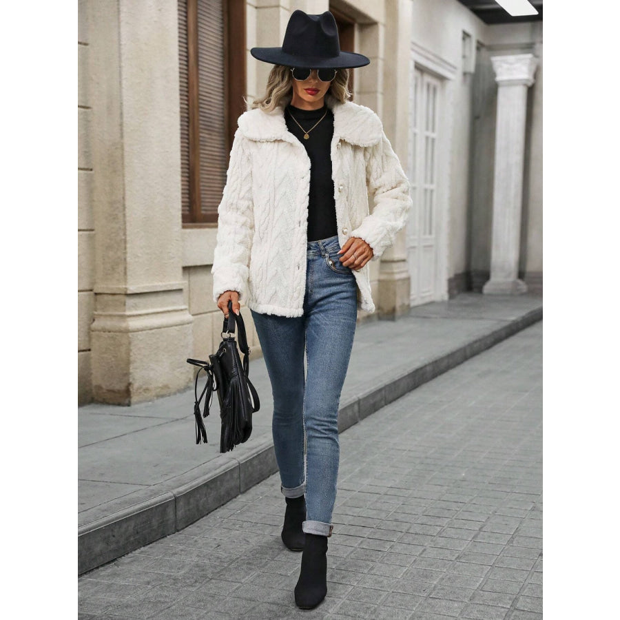 Fuzzy Texture Button Up Collared Neck Coat Apparel and Accessories