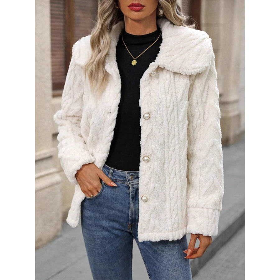 Fuzzy Texture Button Up Collared Neck Coat Cream / S Apparel and Accessories