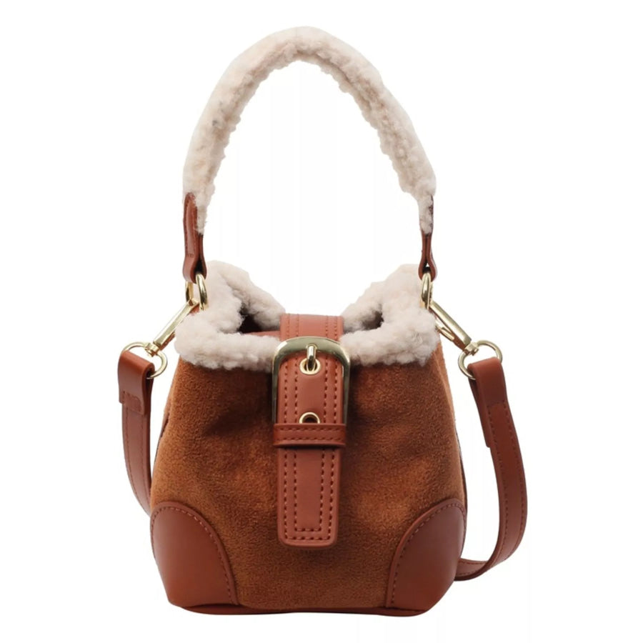 Fuzzy Trim Bucket Crossbody Bag Apparel and Accessories