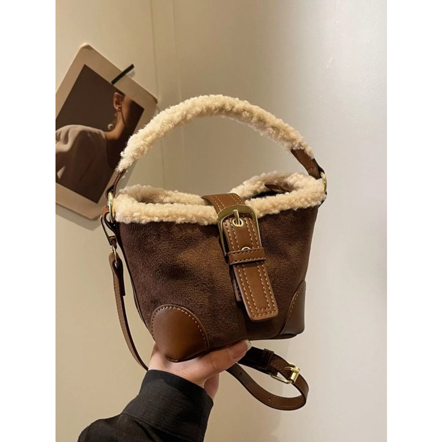 Fuzzy Trim Bucket Crossbody Bag Apparel and Accessories