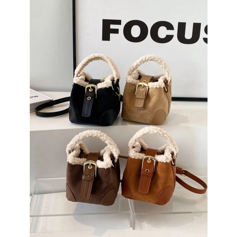 Fuzzy Trim Bucket Crossbody Bag Apparel and Accessories