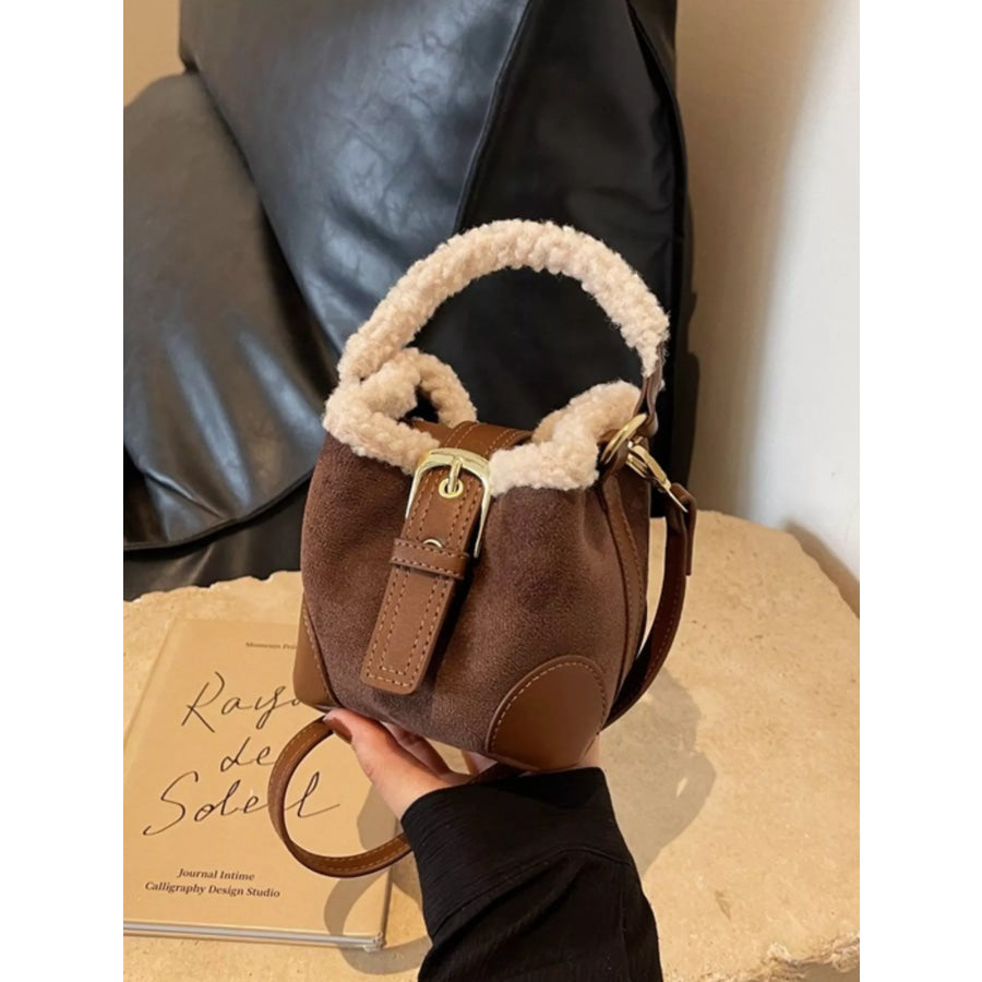 Fuzzy Trim Bucket Crossbody Bag Apparel and Accessories