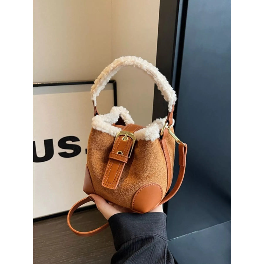 Fuzzy Trim Bucket Crossbody Bag Apparel and Accessories