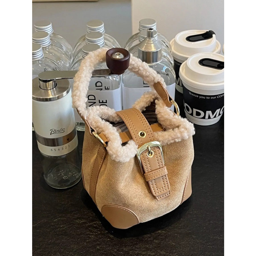 Fuzzy Trim Bucket Crossbody Bag Apparel and Accessories